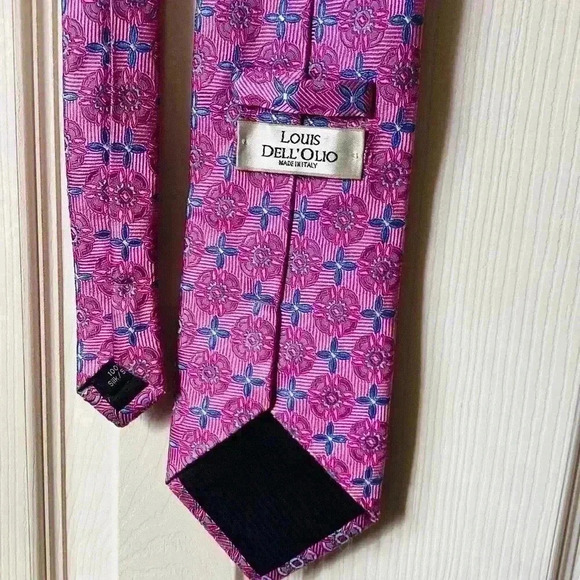LOUIS DELL’OLIO Made in Italy 100% Silk Pink & Blue Patterned Necktie - Picture 5 of 6
